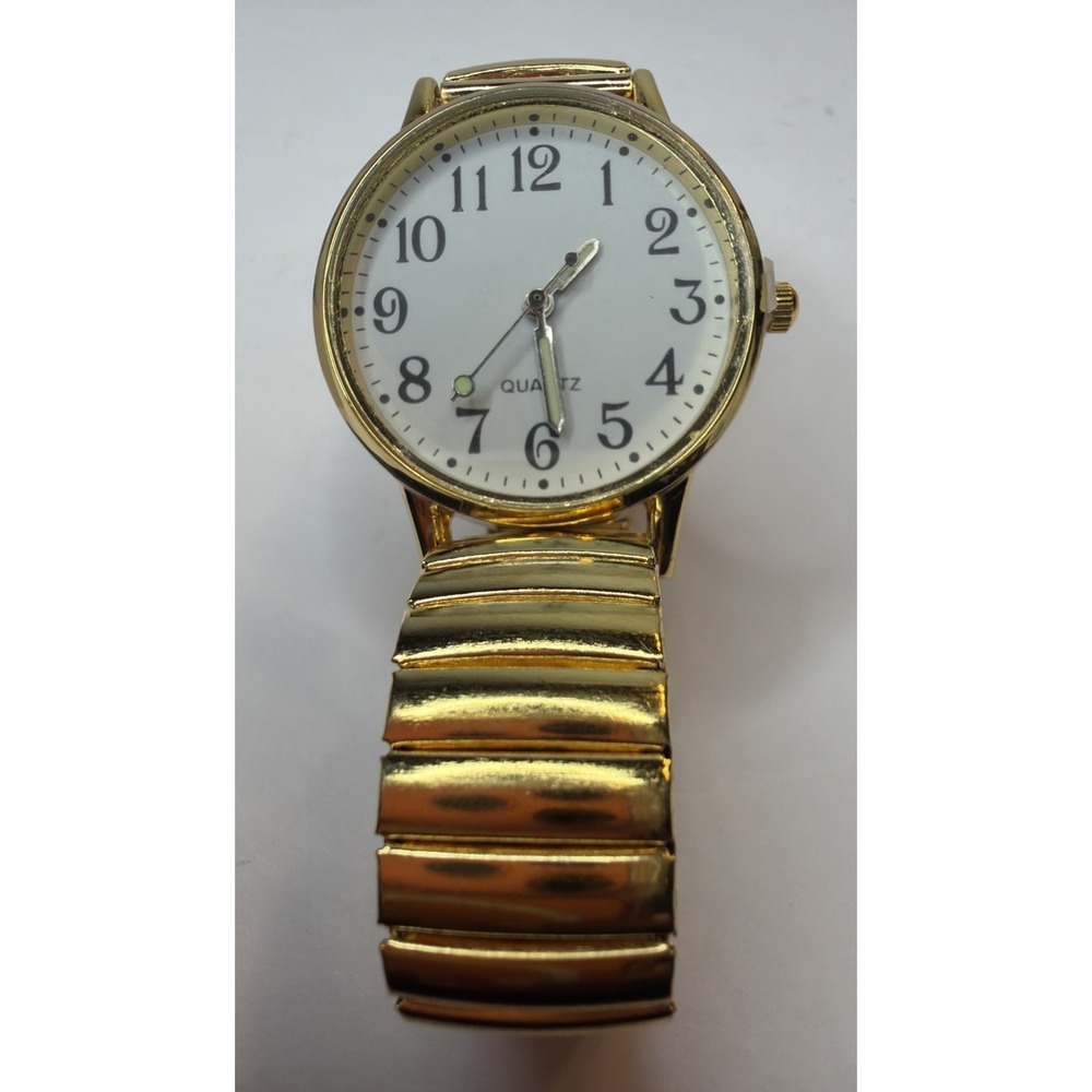 Quartz Wristwatch Gold Tone Expansion Band Round Large White Face Simple Style
